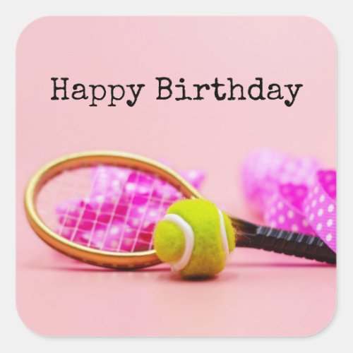 Tennis ball and racket with pink ribbon birthday  square sticker