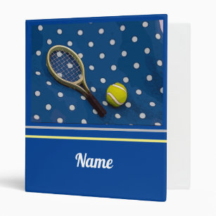 Tennis  ball and racket with white polka dots blue 3 ring binder