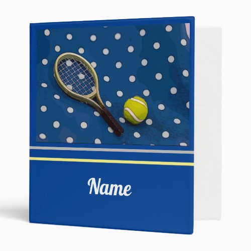 Tennis  ball and racket with white polka dots blue 3 ring binder