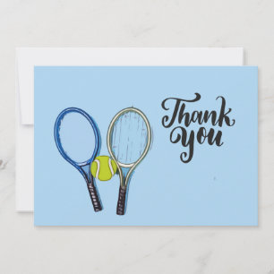 Tennis ball and rackets on blue thank you card