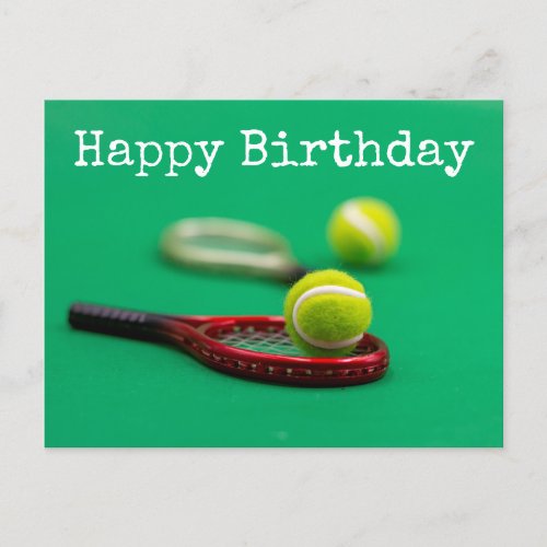 Tennis ball and red racket on green Happy Birthday Postcard