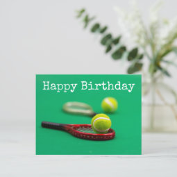 Tennis ball and red racket on green Happy Birthday Postcard | Zazzle