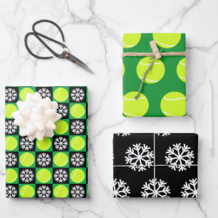 Tennis Ball and Snowflake Black & Green Christmas Wrapping Paper Sheets