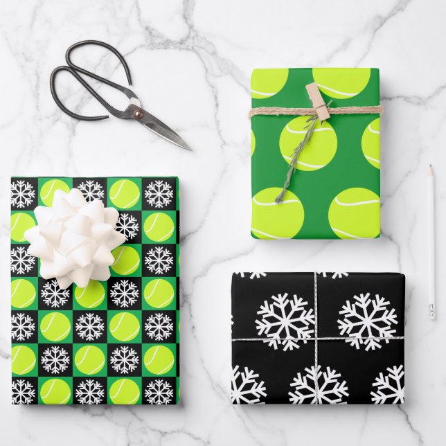 Tennis Ball and Snowflake Black & Green Christmas Wrapping Paper Sheets (Front)