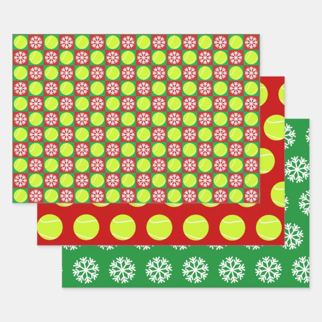 Tennis Ball and Snowflake Red and Green Christmas Wrapping Paper Sheets (Set)