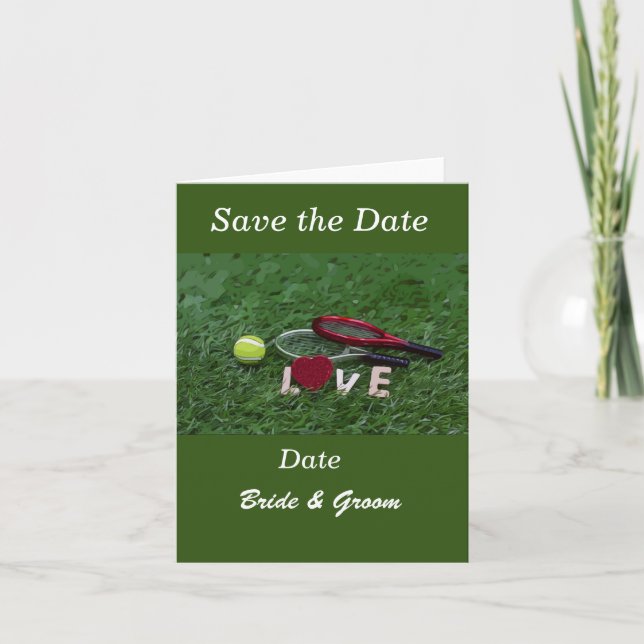 Tennis ball and word love on green save the date i invitation (Front)