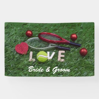 Tennis ball and word love on green wedding banner