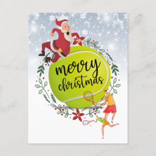 Tennis Ball behind Santa Claus Merry Christmas Holiday Postcard