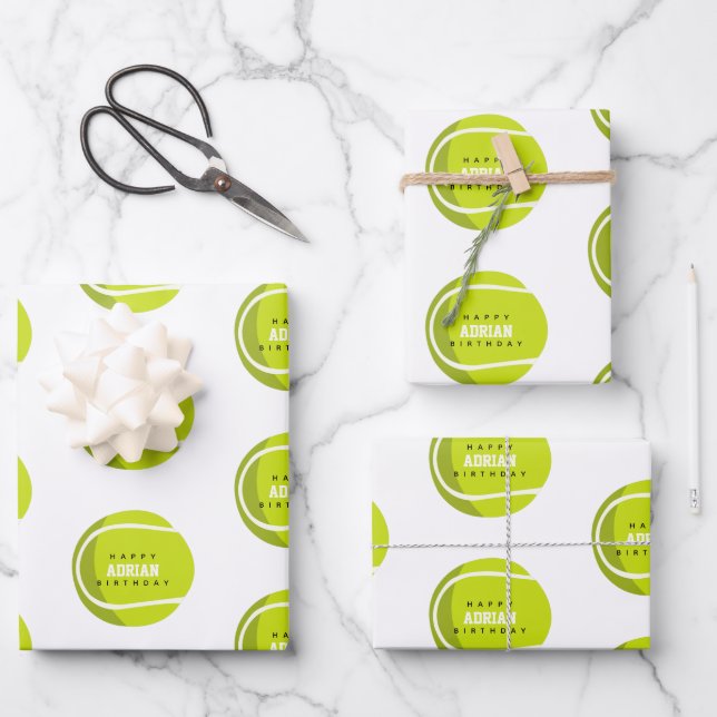 Tennis Ball Birthday Party Custom Name Wrapping Paper Sheets (Front)