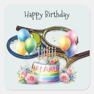 Tennis ball birthday with racket   square sticker