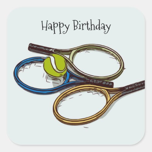 Tennis ball birthday with racket   square sticker