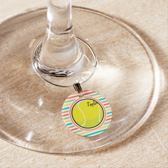 Tennis Ball; Bright Rainbow Stripes Wine Charm (In Situ)