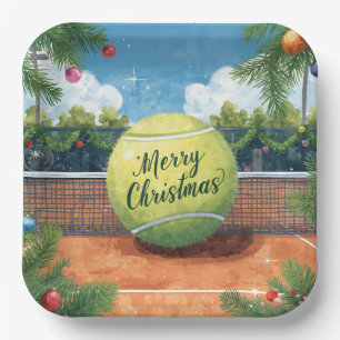 Tennis Ball Christmas on Court Background Paper Plates