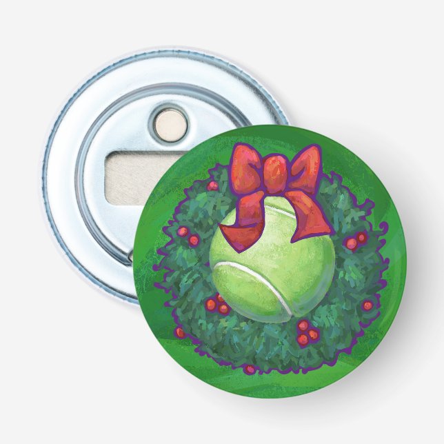 Tennis Ball Christmas Wreath on Green Bottle Opener (Front)