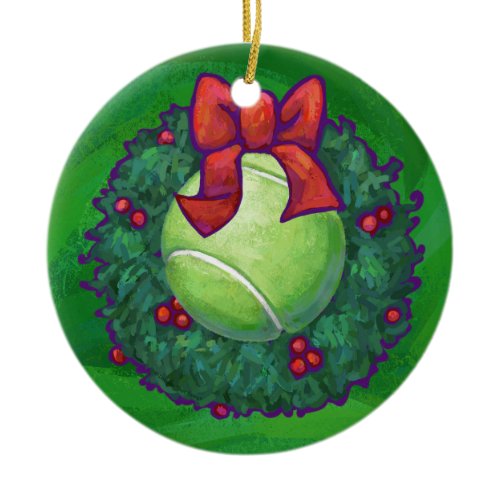 Tennis Ball Christmas Wreath on Green Ceramic Ornament