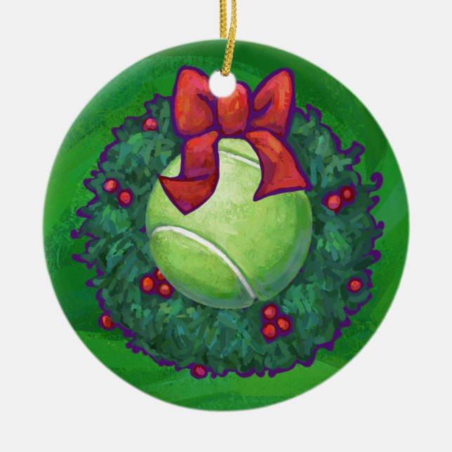 Tennis Ball Christmas Wreath on Green Ceramic Ornament (Front)