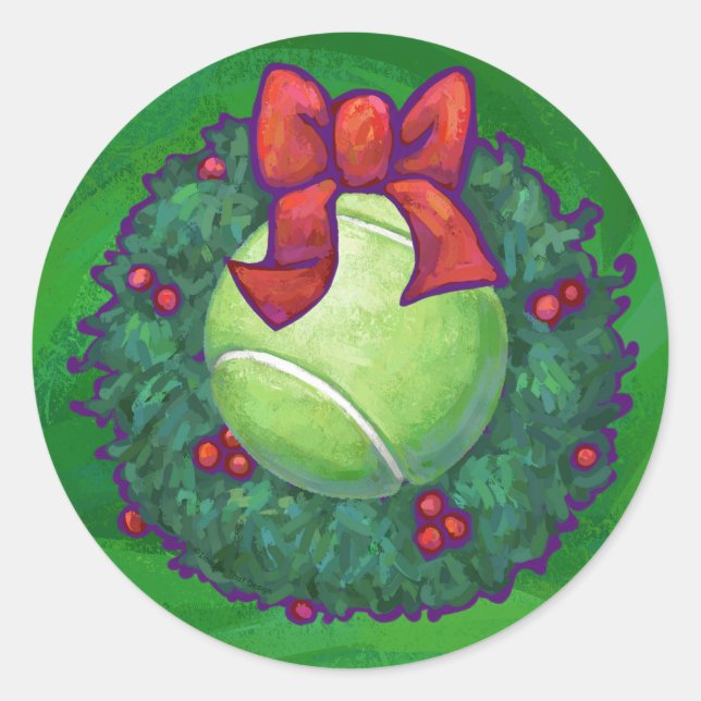 Tennis Ball Christmas Wreath on Green Classic Round Sticker (Front)