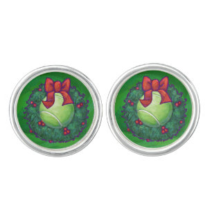 Tennis Ball Christmas Wreath on Green Cufflinks