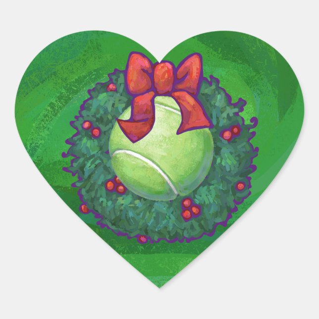 Tennis Ball Christmas Wreath on Green Heart Sticker (Front)