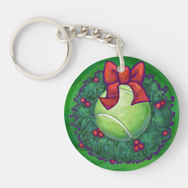 Tennis Ball Christmas Wreath on Green Keychain (Front)