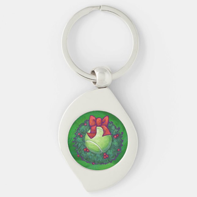 Tennis Ball Christmas Wreath on Green Keychain (Front)