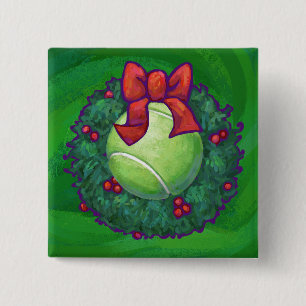 Tennis Ball Christmas Wreath on Green Pinback Button