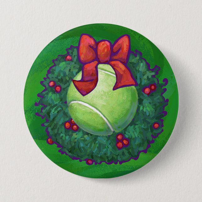 Tennis Ball Christmas Wreath on Green Pinback Button (Front)