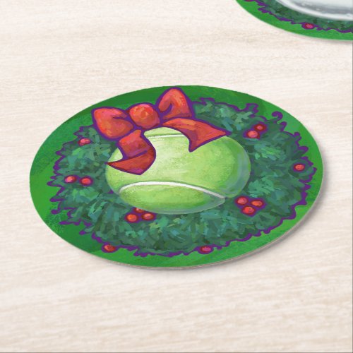 Tennis Ball Christmas Wreath on Green Round Paper Coaster