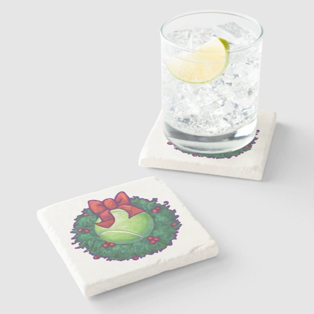 Tennis Ball Christmas Wreath on Green Stone Coaster (Side)