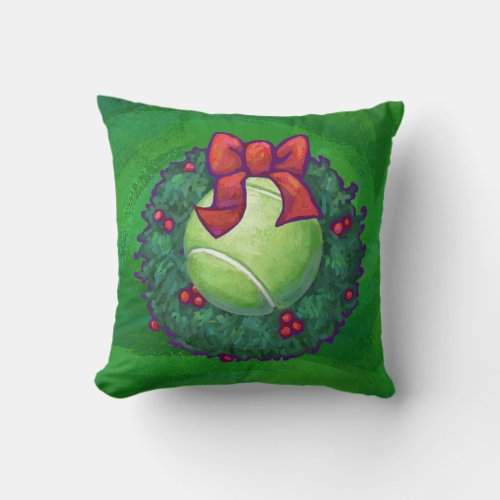 Tennis Ball Christmas Wreath on Green Throw Pillow