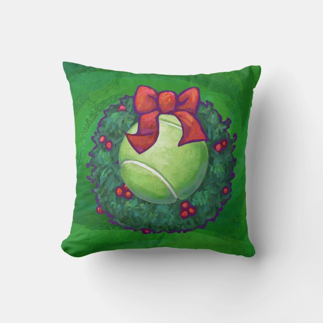 Tennis Ball Christmas Wreath on Green Throw Pillow (Front)