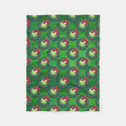 Tennis Ball Christmas Wreath Pattern on Green Fleece Blanket