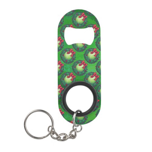 Tennis Ball Christmas Wreath Pattern on Green Keychain Bottle Opener