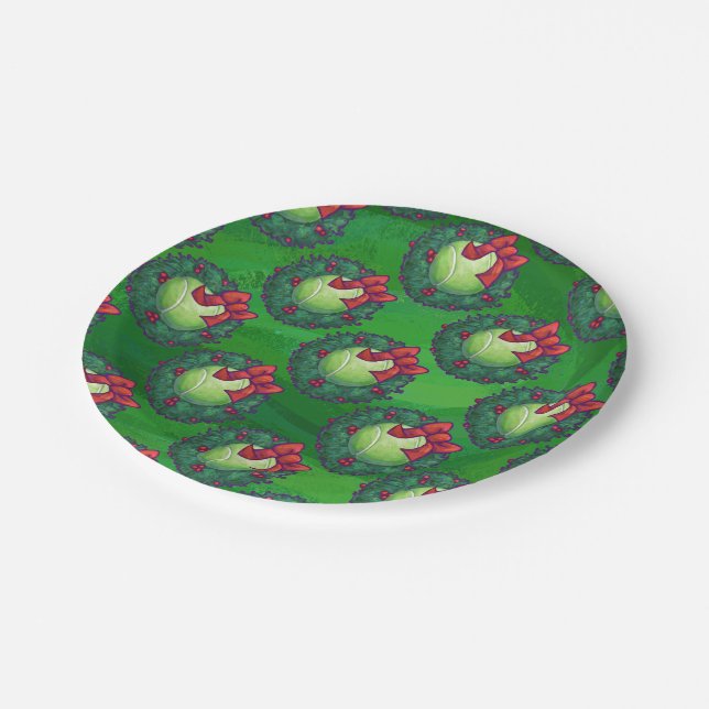 Tennis Ball Christmas Wreath Pattern on Green Paper Plates (Angled)