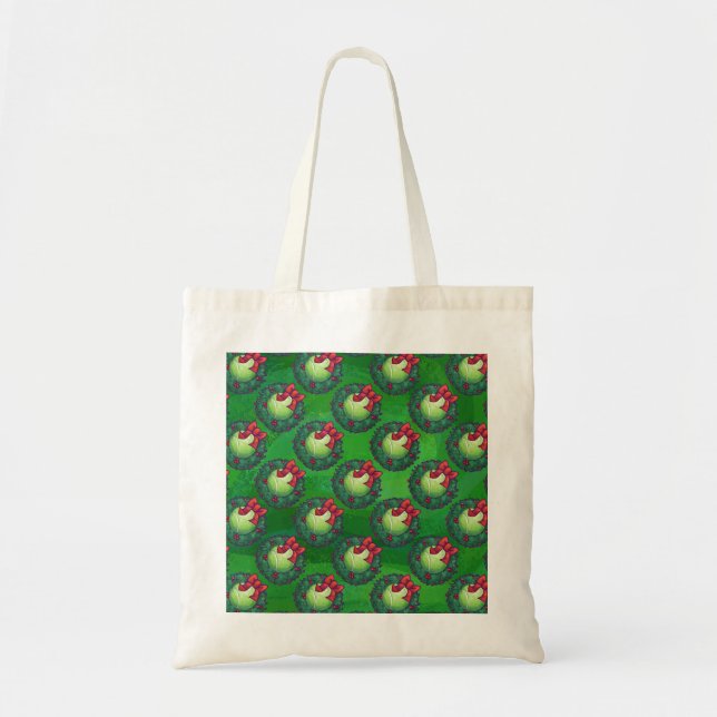 Tennis Ball Christmas Wreath Pattern on Green Tote Bag (Front)