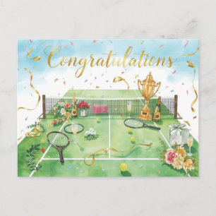 Tennis ball congratulations on green postcard