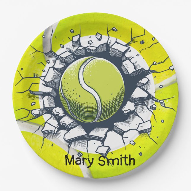 Tennis ball cracking wall with name paper plates (Front)