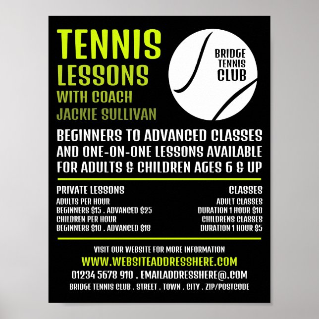 Tennis Ball Design, Tennis Lessons/Classes Advert Poster (Front)