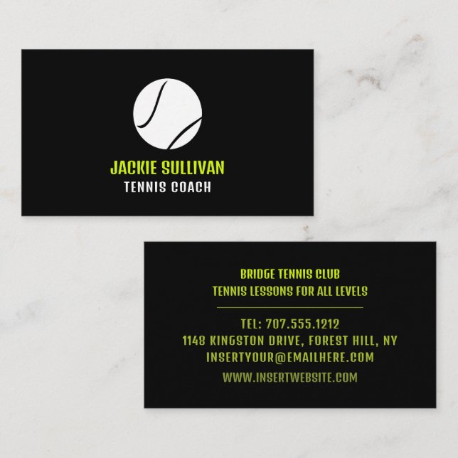 Tennis Ball Design, Tennis Player/Coach/Instructor Business Card (Front/Back)