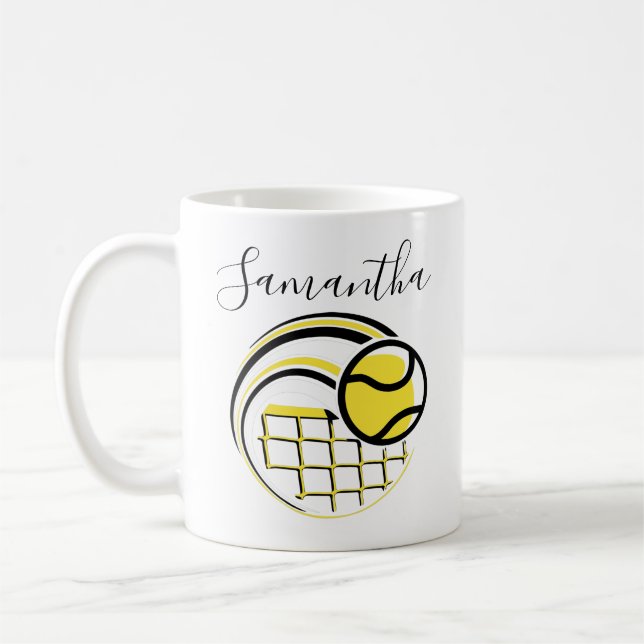 Tennis Ball Flying Over the Net Personalized Sport Coffee Mug (Left)