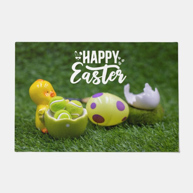 Tennis ball Happy Easter with eggs and ball  Doormat (Front)