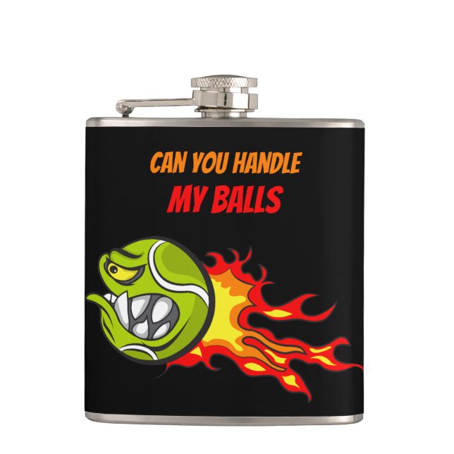 Tennis Ball in Flames, Funny Sport Quote, Black Flask (Front)