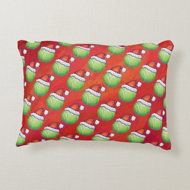Tennis Ball in Santa Hat Pattern on Red Accent Pillow (Back)