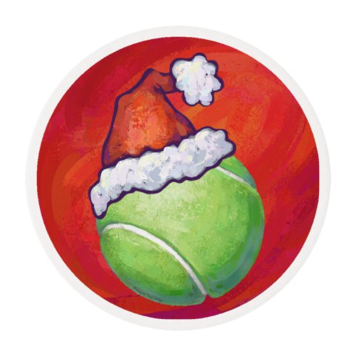 Tennis Ball in Santa Hat Pattern on Red Edible Frosting Rounds