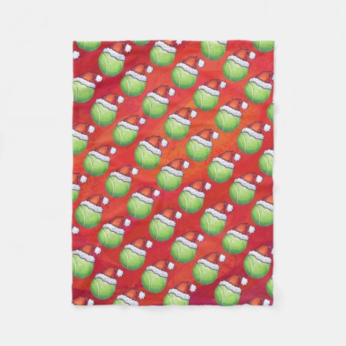 Tennis Ball in Santa Hat Pattern on Red Fleece Blanket