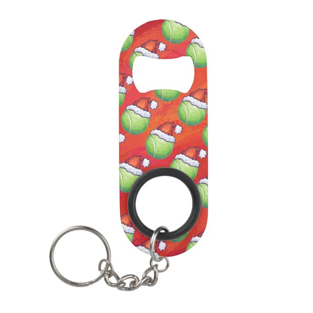 Tennis Ball in Santa Hat Pattern on Red Keychain Bottle Opener (Front)