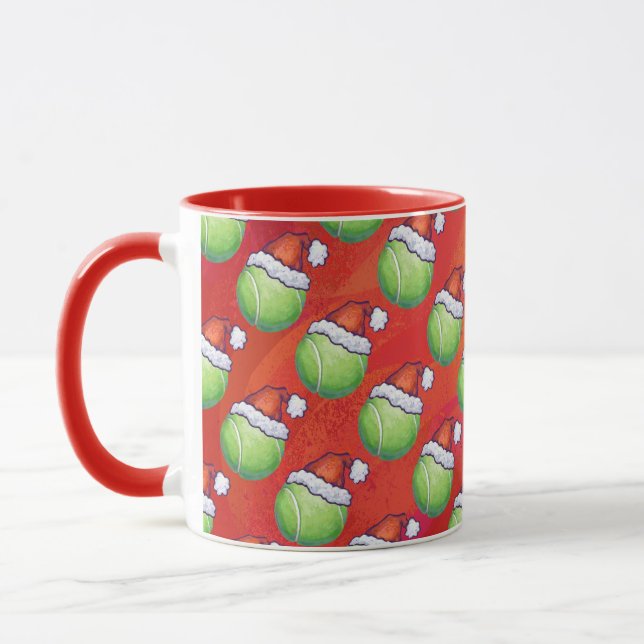 Tennis Ball in Santa Hat Pattern on Red Mug (Left)