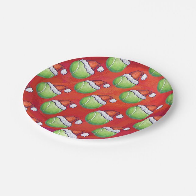 Tennis Ball in Santa Hat Pattern on Red Paper Plates (Angled)