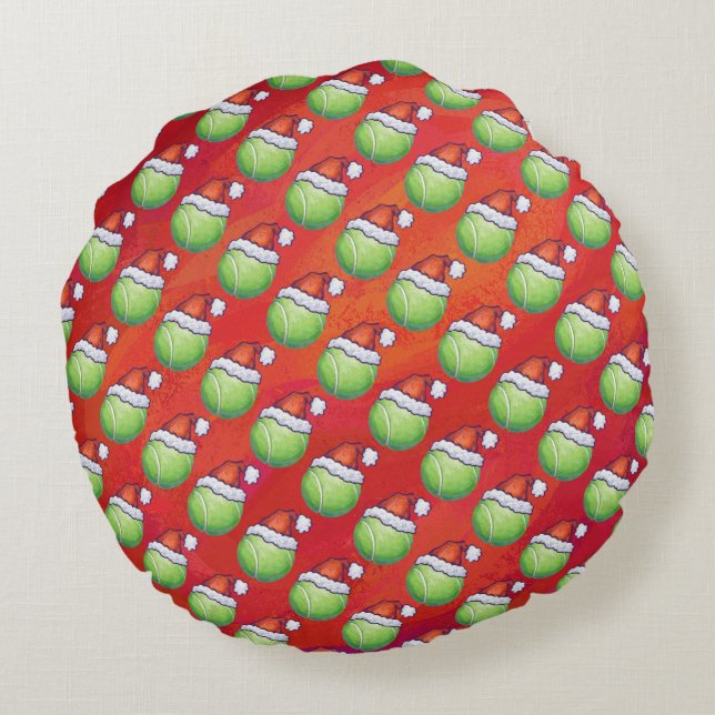 Tennis Ball in Santa Hat Pattern on Red Round Pillow (Back)
