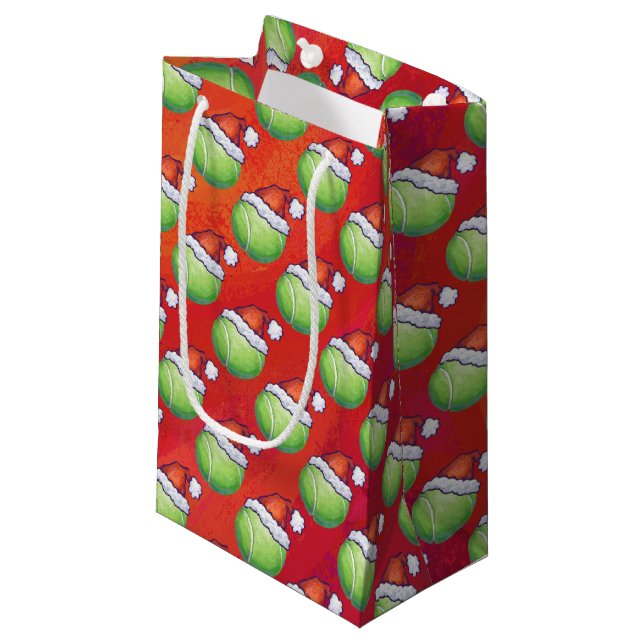 Tennis Ball in Santa Hat Pattern on Red Small Gift Bag (Front Angled)